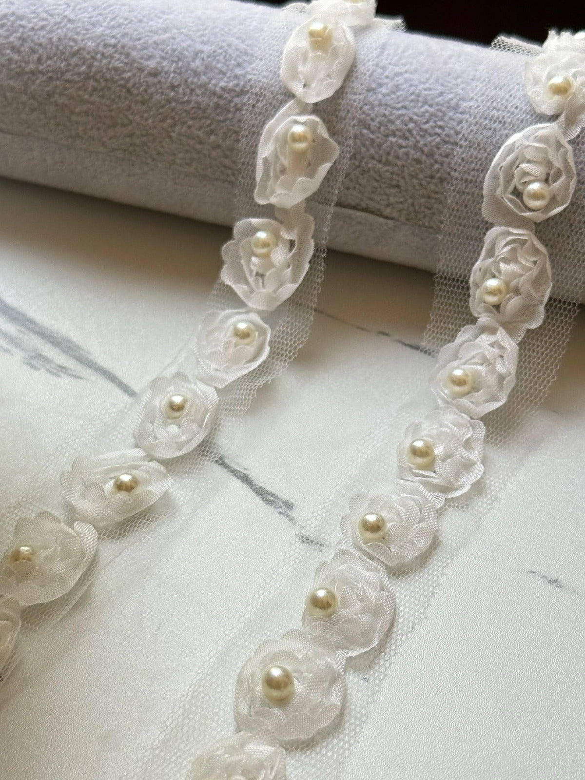 Off White Pearl Beaded Floral Lace Trim, 3D Organza Ribbon, Soft Skin Friendly Coquette Craft Supply, 0.75", Retail Wholesale Bulk