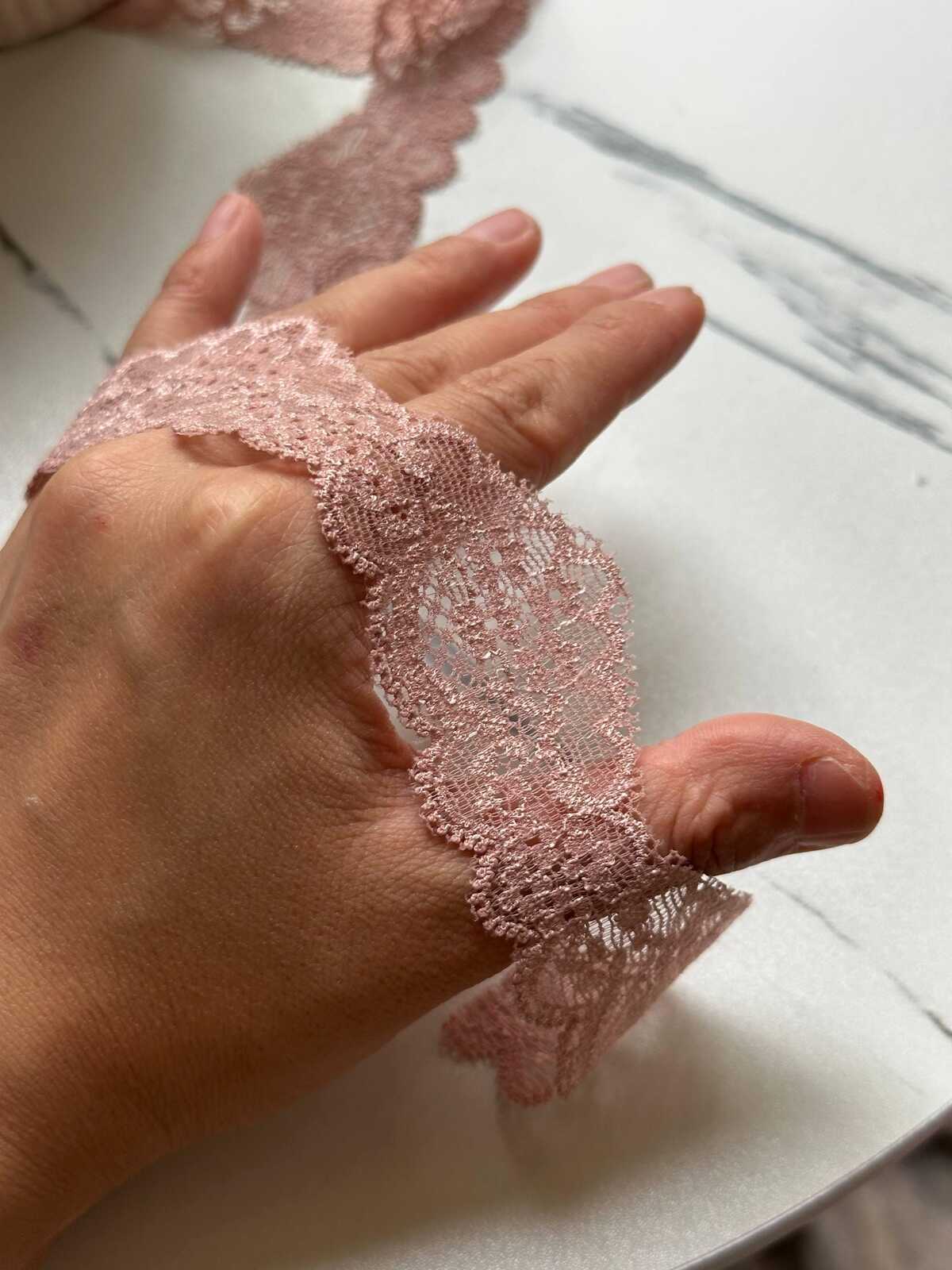 10yds Dusty Ash Pink Floral Stretch Elastic Lace Trim Symmetrical Double Scalloped Galloon Ribbon for Lingerie Underwear Crafts, 1.3"