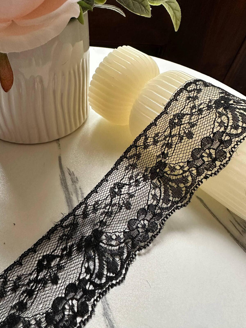 10yds Classic Onyx Black Floral Non Stretch Lace Trim Symmetrical Double Scalloped Galloon Ribbon for Gowns Blouses Crafts Sewing, 1.75"