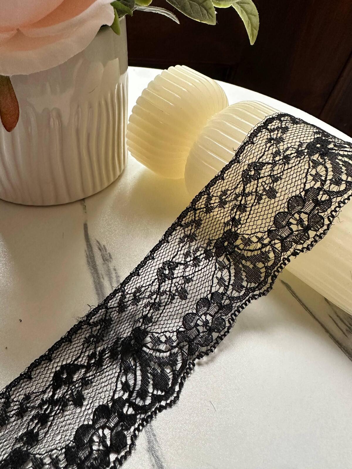 10yds Classic Onyx Black Floral Non Stretch Lace Trim Symmetrical Double Scalloped Galloon Ribbon for Gowns Blouses Crafts Sewing, 1.75"