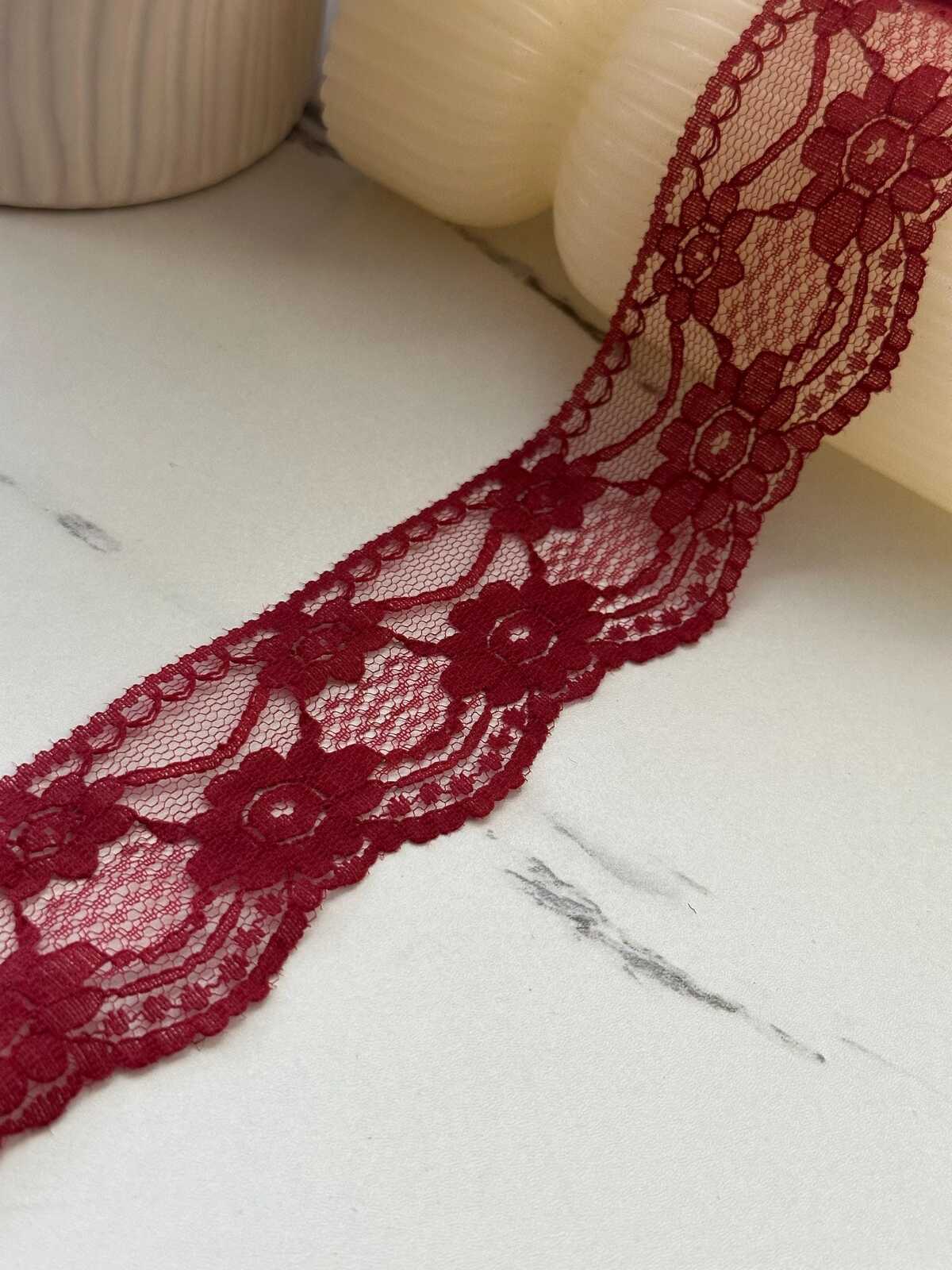 10Yds Non-Stretch 1.6" Burgundy Wine Red Floral Mesh Lace Trim Wholesale
