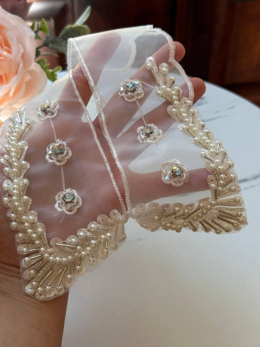Hand Beaded Pearl Collar Applique, Rhinestone Organza Lace, Bulk Clearance Coquette Y2K Lace, Dress Collar, DIY Sewing, Retail Wholesale