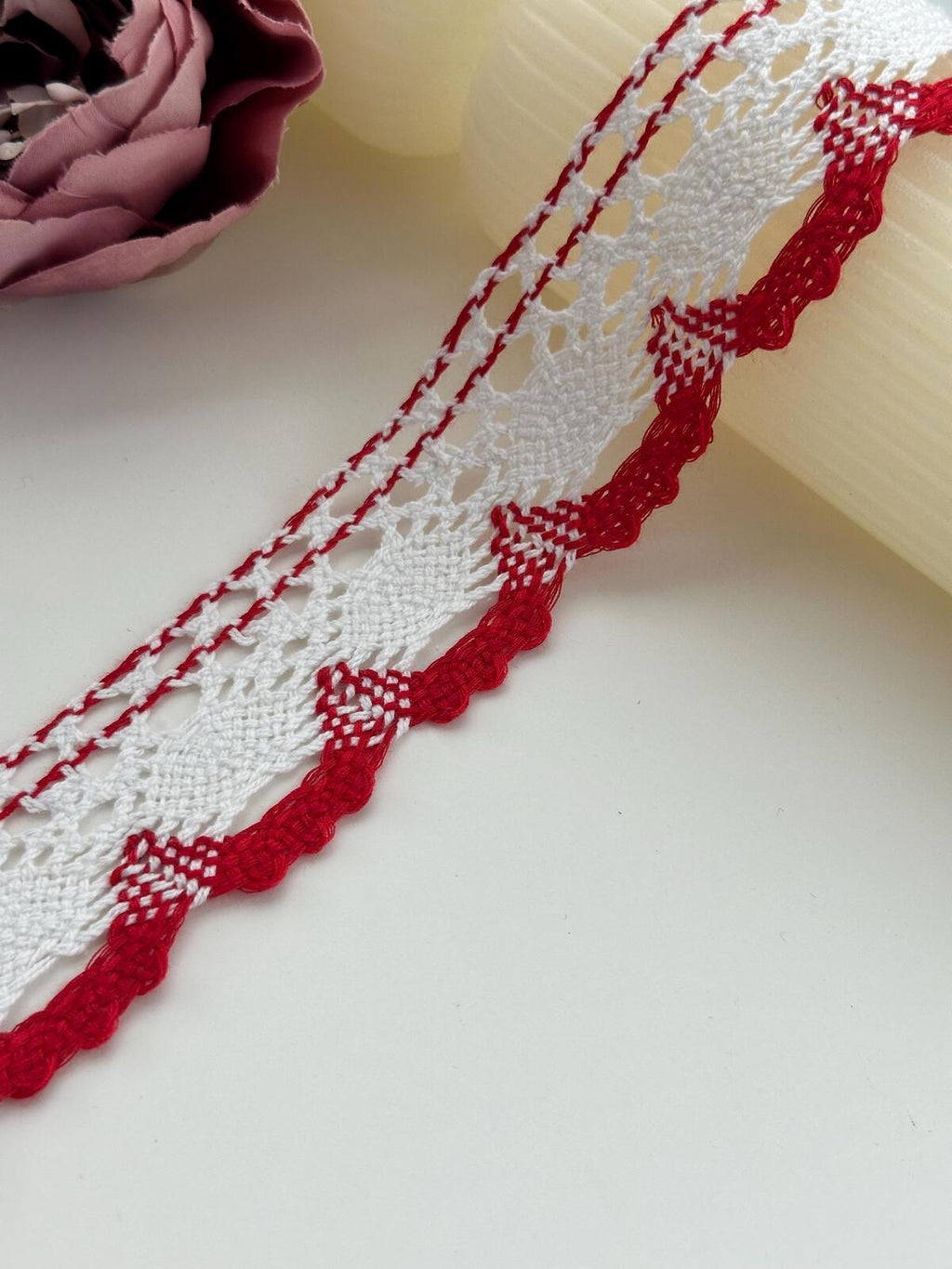 3Yds Non-Stretch 1.5" Red White Cotton Crochet Scalloped Lace Trim Wholesale