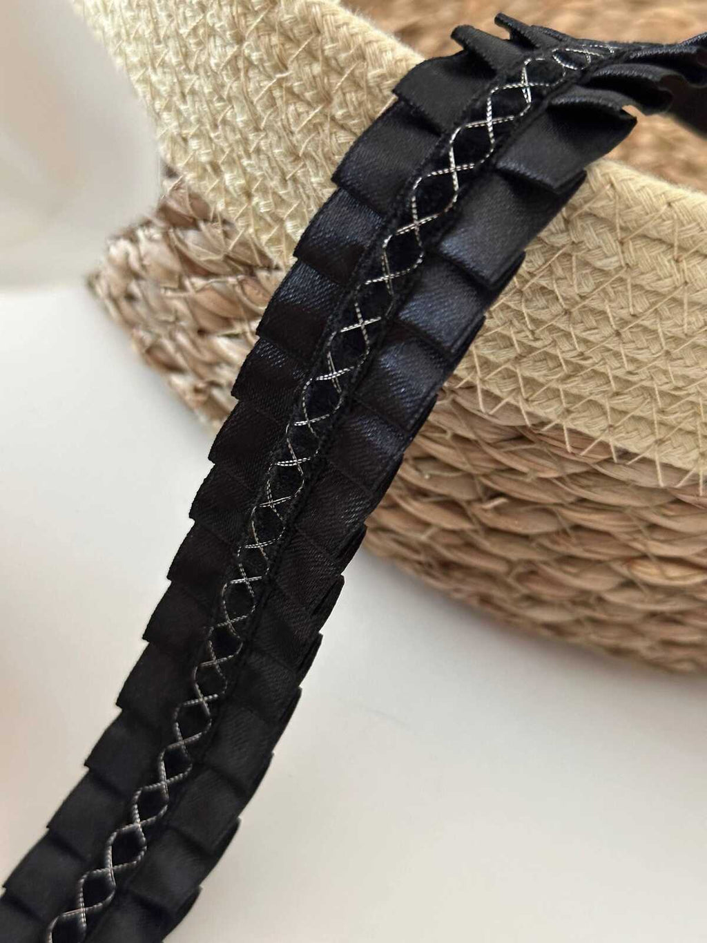 5Yds Black Box Pleated Satin Lace, 0.95" Silver Stitch Ribbon, Bulk Clearance Coquette Y2K Lace, Garment Trim, DIY Sewing, Retail Wholesale