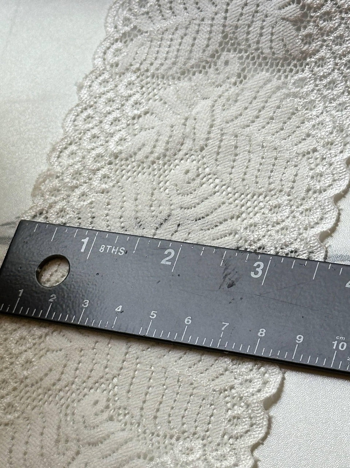 Soft Ivory Cream Tropical Leaf Fern Wide Stretch Lace Trim by the Yard, Scalloped Elastic Ribbon, 3.5", Retail Wholesale Bulk
