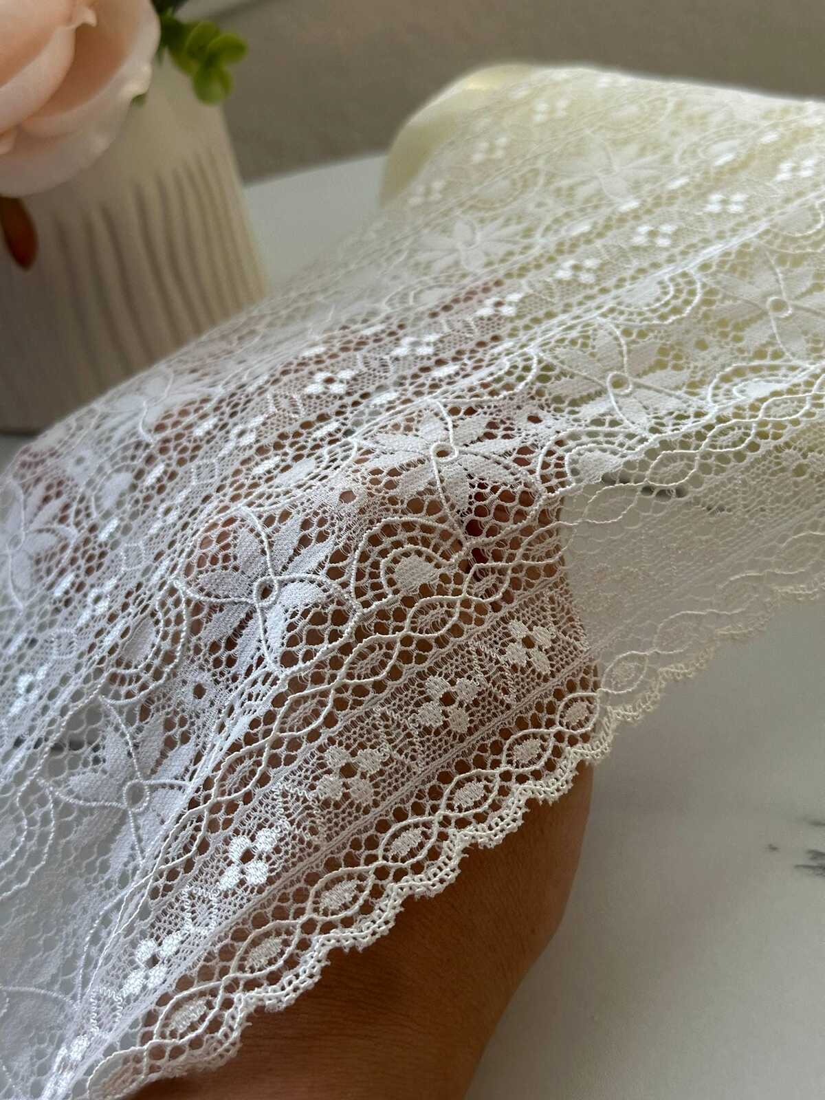 3Yds Stretch 7.2" French Off-White Floral Wide Stretch Lace Trim Wholesale