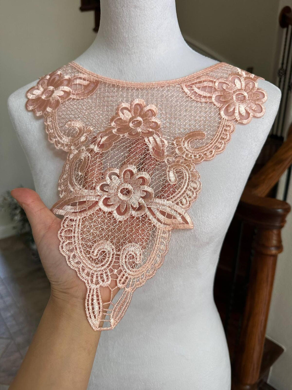 Muted Apricot Peach Mesh Floral Embroidered Collar Applique Detachable Lace Neckline Bib Motif for Dress Blouse Sewing, 11" x 18.5"