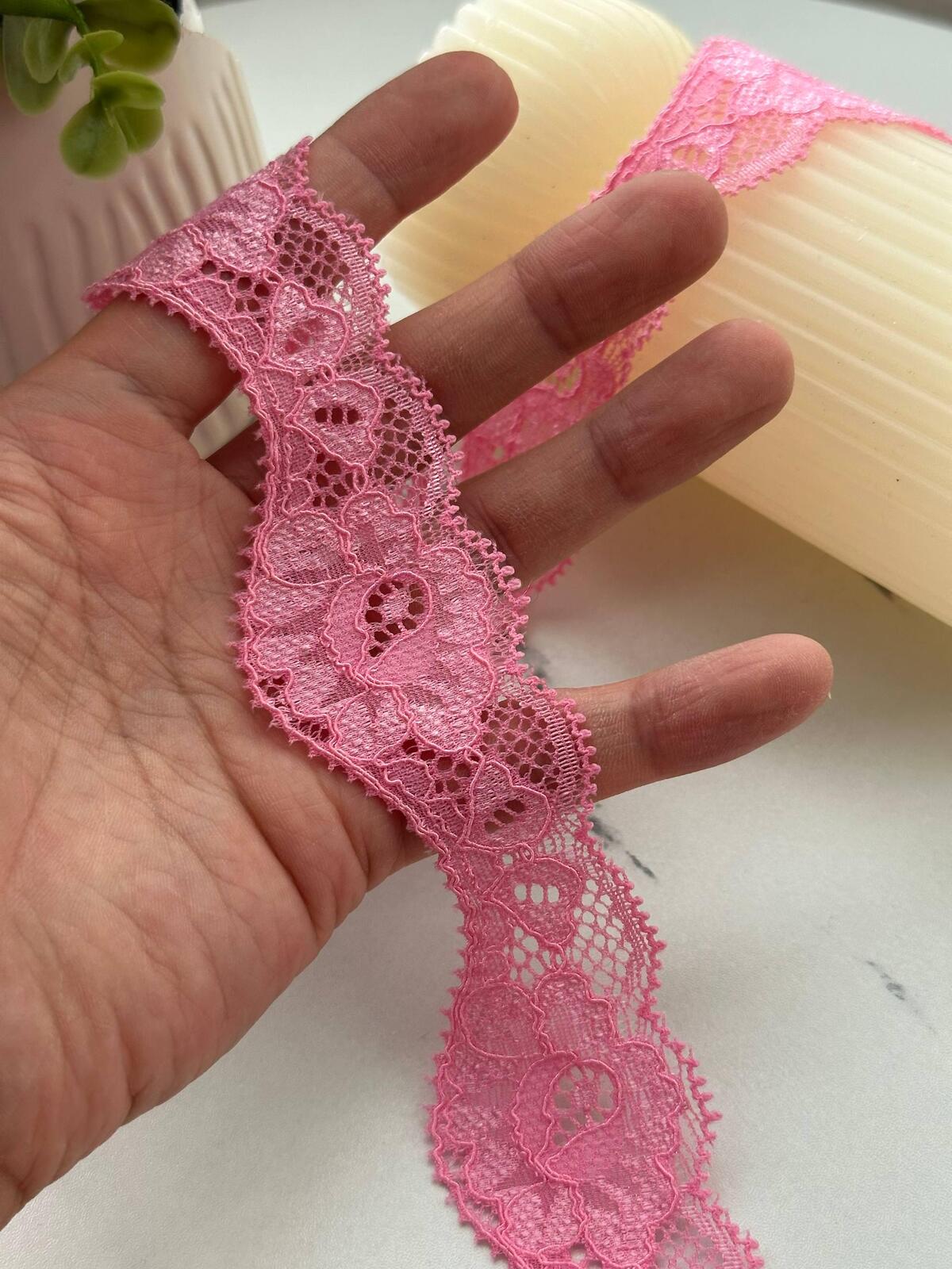10Yds Stretch 1.4" Pink Wavy Scalloped Floral Stretch Lace Trim Wholesale