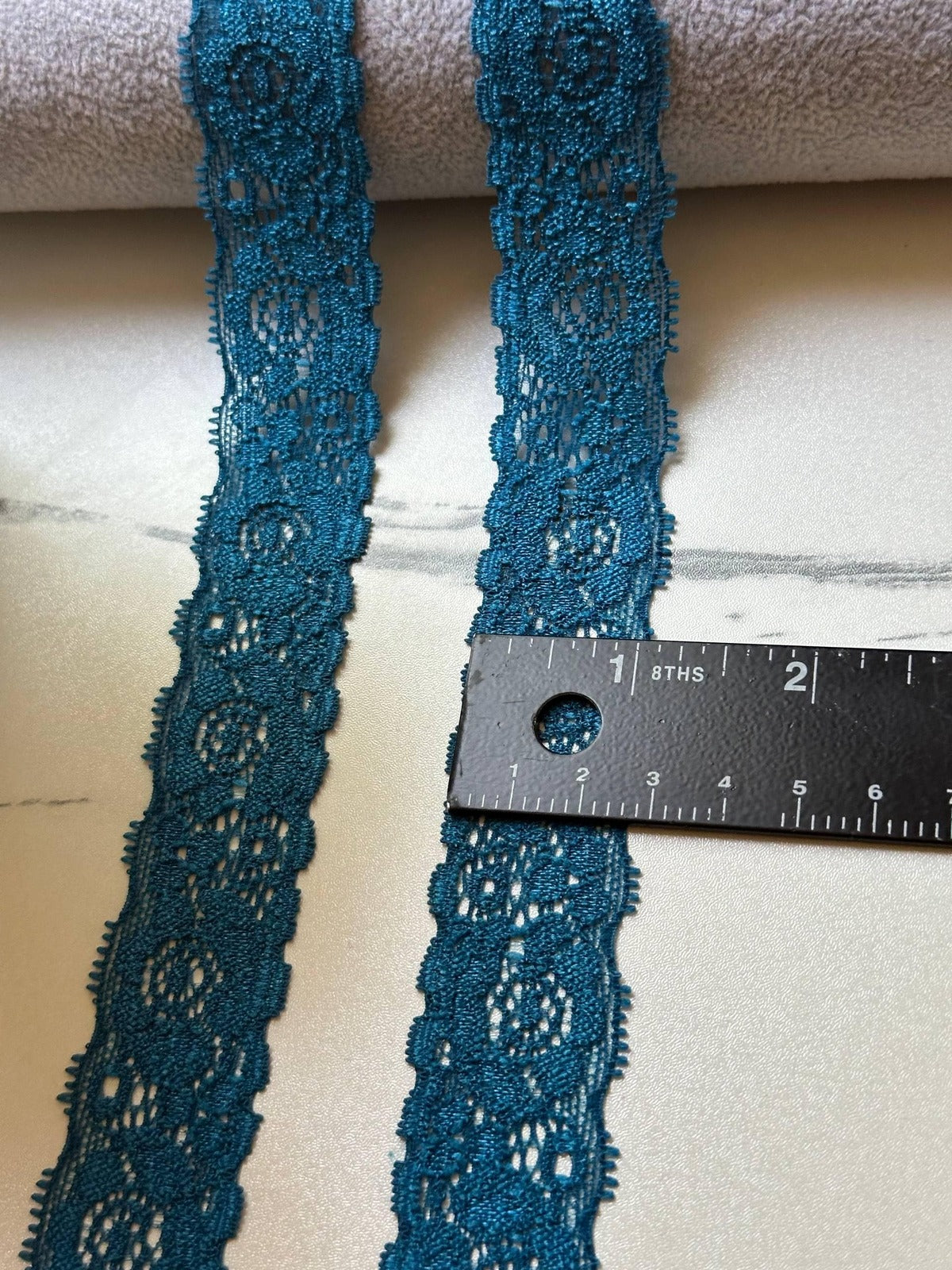 10yds Soft Peacock Teal Blue Floral Stretch Lace Trim by the Yard, Narrow Scalloped Elastic Ribbon for Coquette Crafts, 1", Retail Wholesale