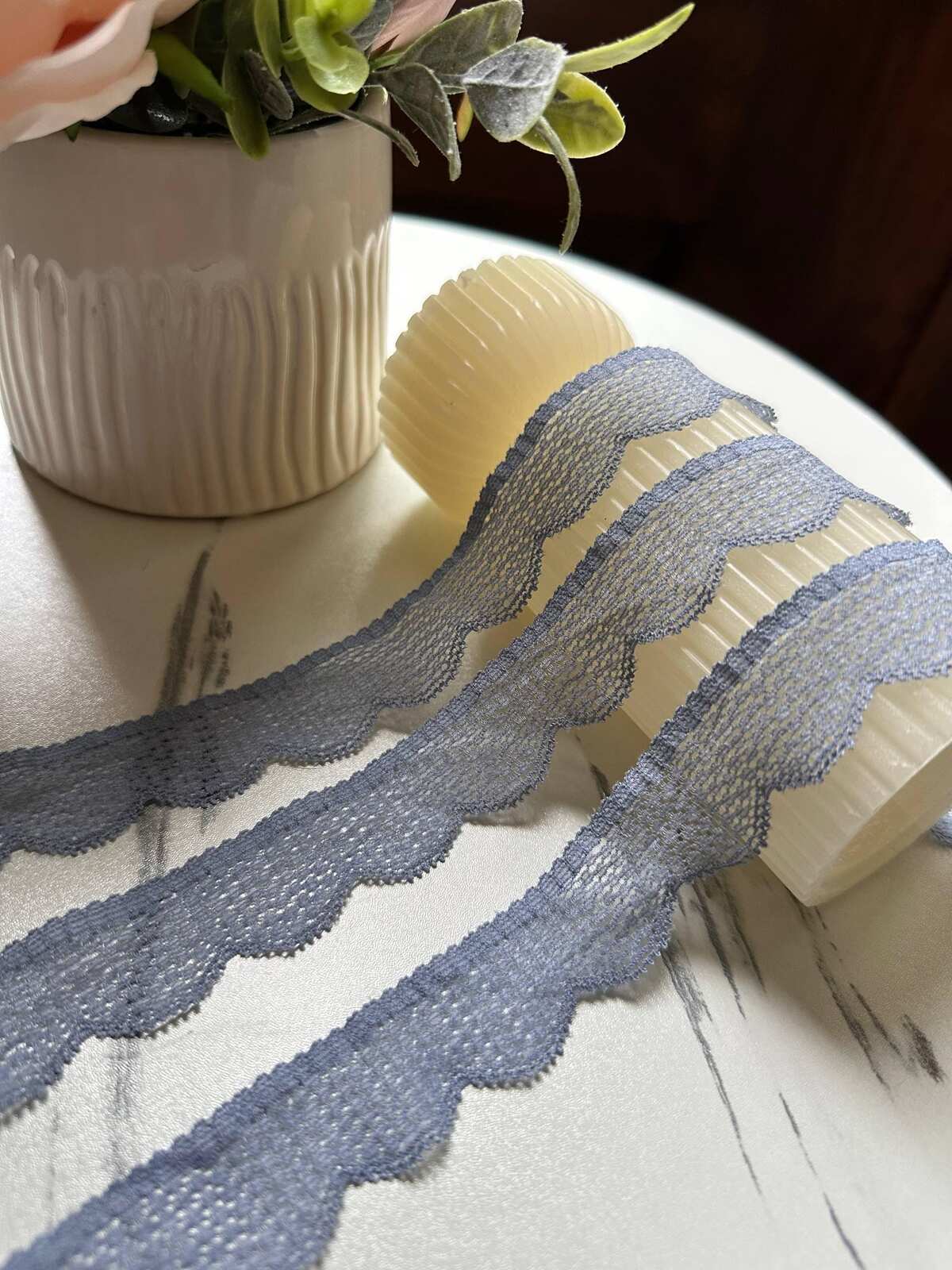 10yds Dusty Slate Blue Gray Point d'Esprit Dot Stretch Elastic Lace Trim Symmetrical Double Scalloped Narrow Ribbon for Lingerie Crafts, 1"