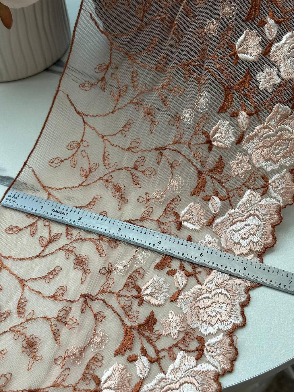 3Yds Non-Stretch 6.3" Autumn Terracotta Rust Floral Embroidered Mesh Lace Trim