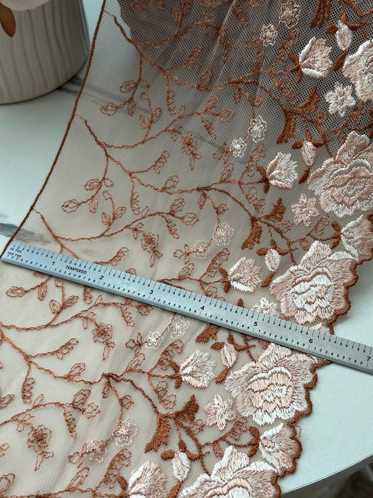3Yds Non-Stretch 6.3" Autumn Terracotta Rust Floral Embroidered Mesh Lace Trim