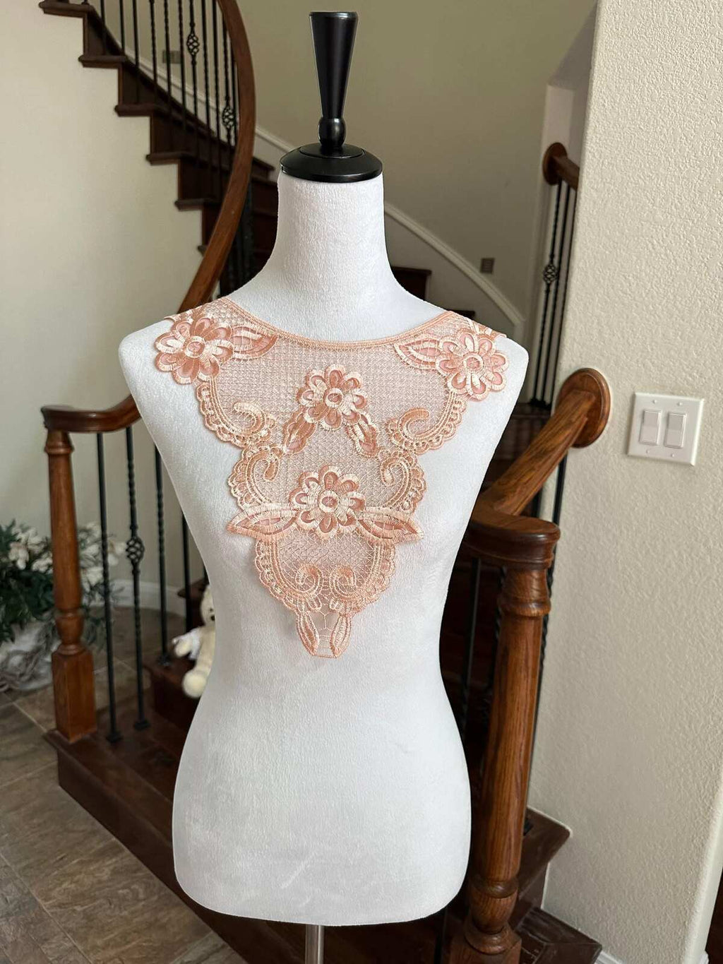 Muted Apricot Peach Mesh Floral Embroidered Collar Applique Detachable Lace Neckline Bib Motif for Dress Blouse Sewing, 11" x 18.5"