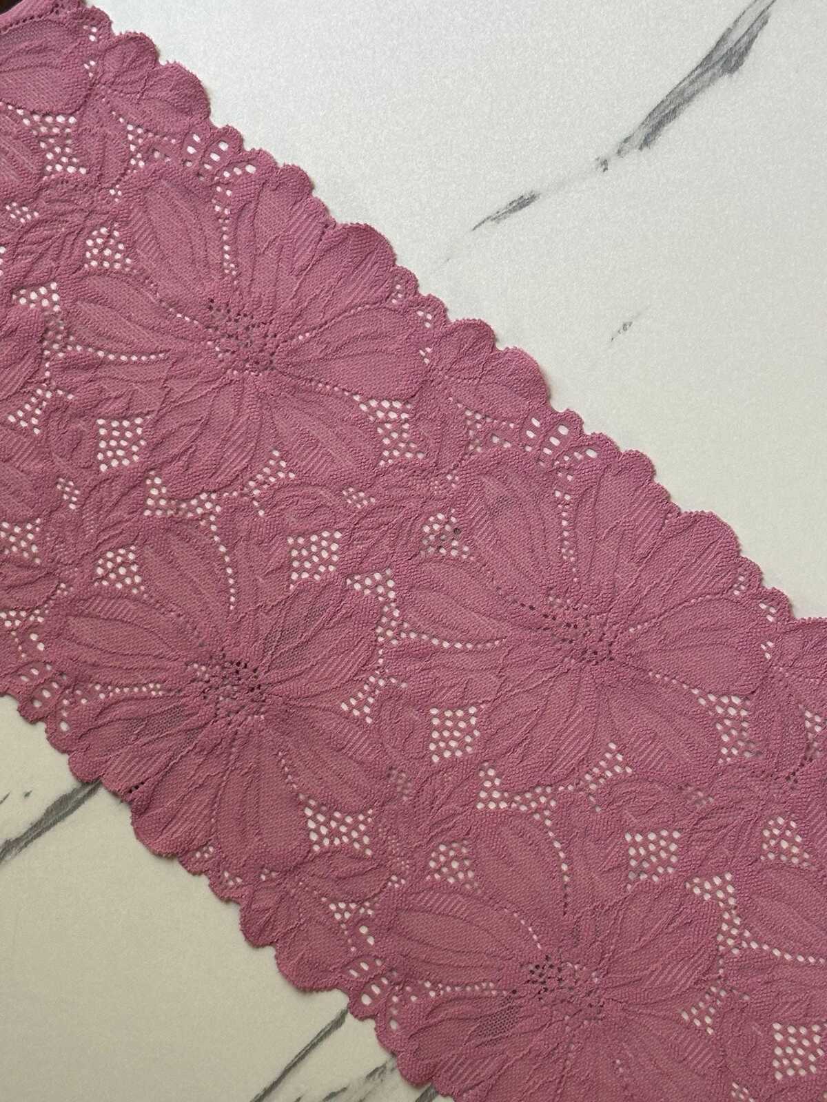 Dusty Rose Pink Floral Stretch Elastic Lace Trim Symmetrical Double Scalloped Wide Galloon Ribbon for Lingerie Underwear Crafts Sewing, 6"