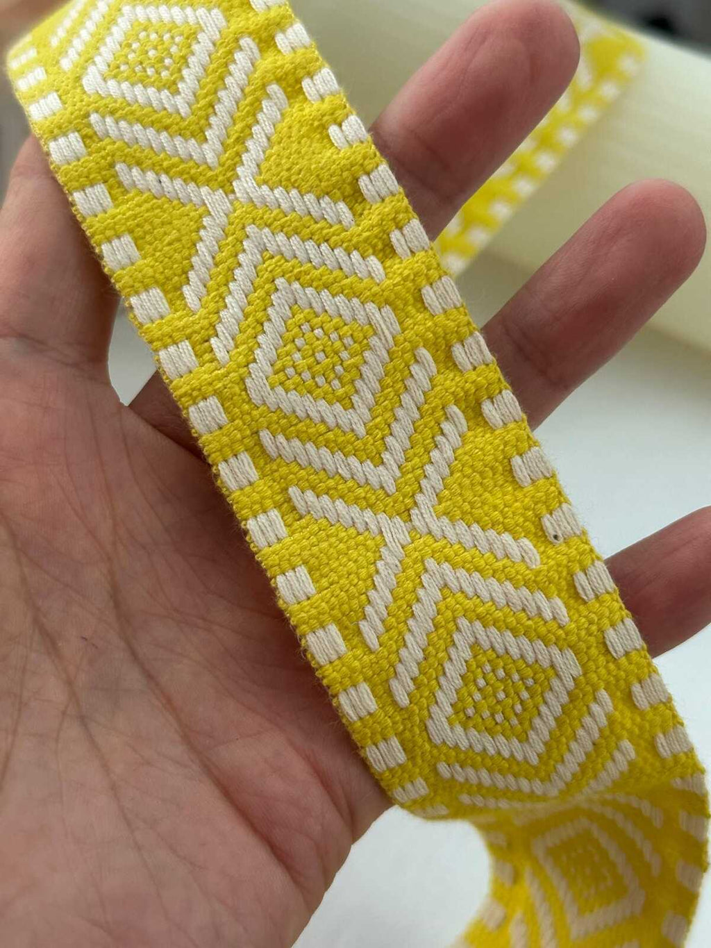 5Yds  1.5" Bright Yellow White Geometric Jacquard Woven Ribbon Wholesale