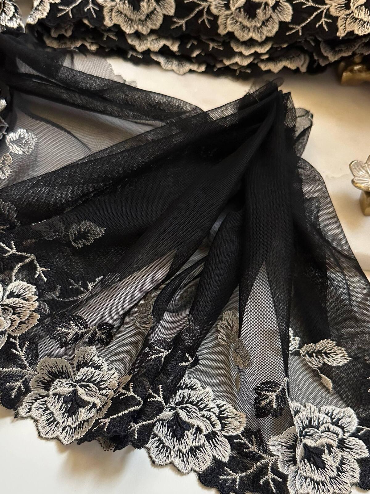 Black Ivory Embroidered Mesh Lace Trim, Extra Wide Tulle Border Ribbon, Coquette Craft Supply, 9", Retail Wholesale Bulk