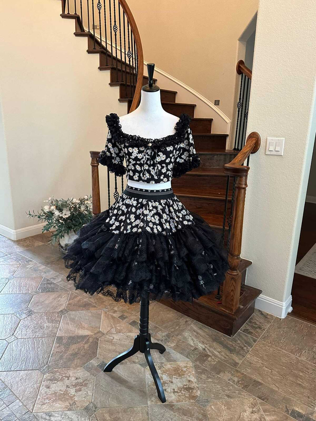 Not for Sale Handmade Daisy Lolita Two Piece Set Coquette Tiered Lace Skirt and Crop Top Chrisom Couture  Gallery Display NFS