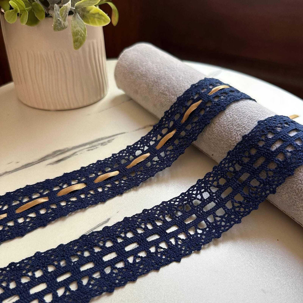Navy Blue Cotton Crochet Beading Insertion Lace Trim by the Yard, Double Scalloped Eyelet Ribbon with Ribbon Slot, 1.5"