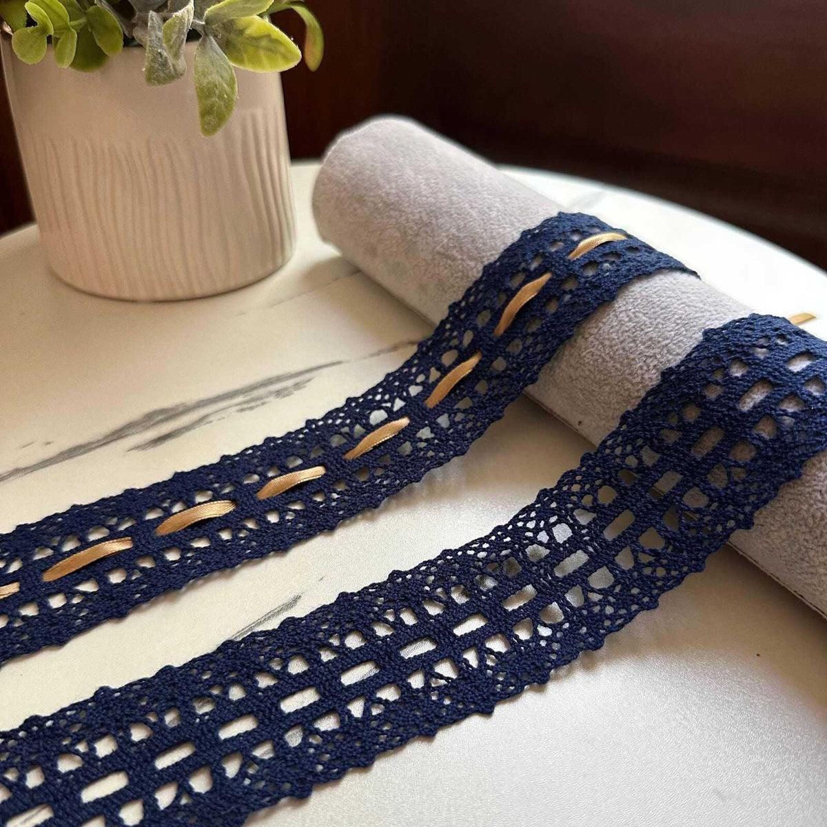 Navy Blue Cotton Crochet Beading Insertion Lace Trim by the Yard, Double Scalloped Eyelet Ribbon with Ribbon Slot, 1.5"
