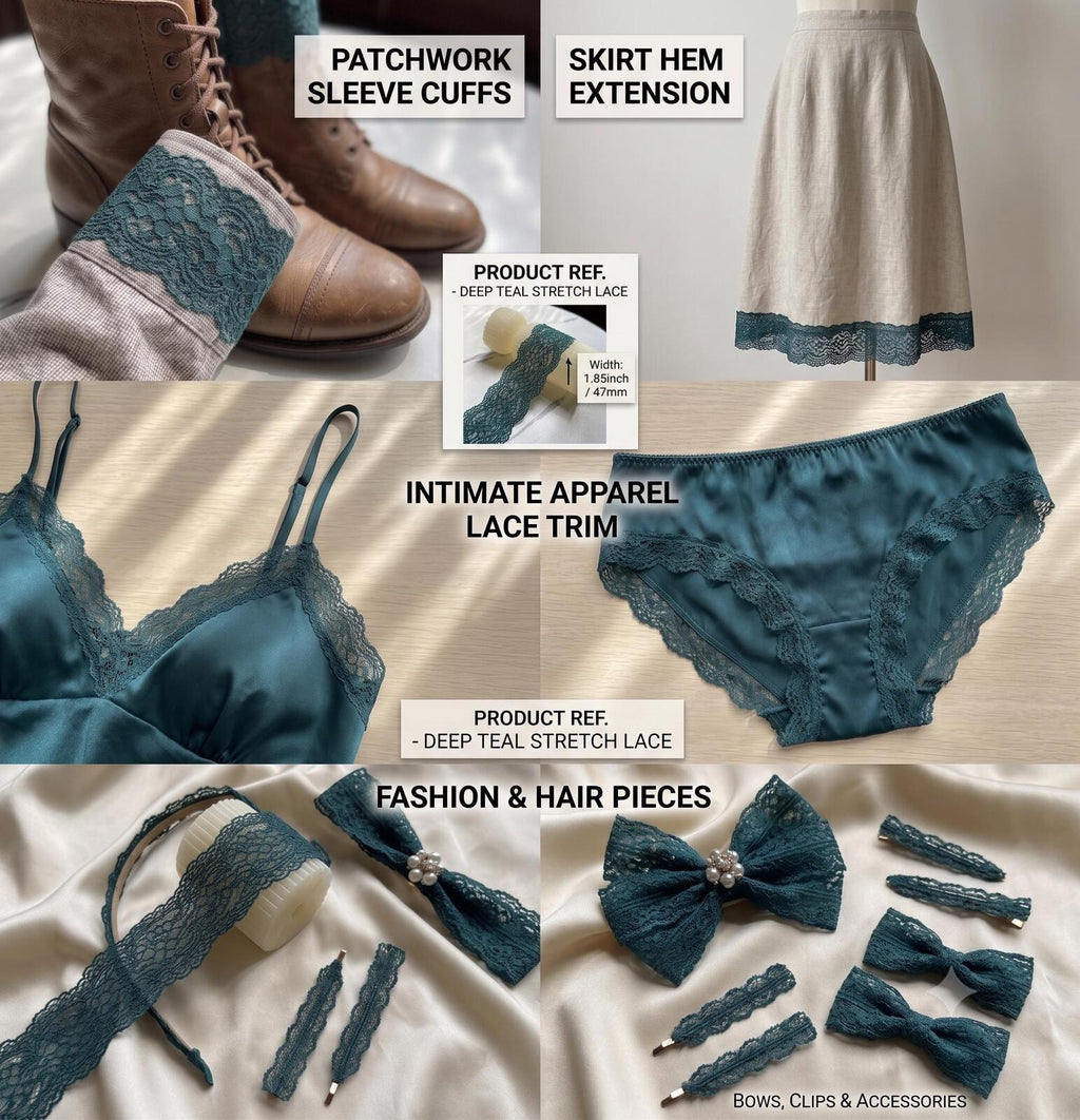 10yds Deep Forest Teal Green Floral Stretch Elastic Lace Trim Symmetrical Double Scalloped  Ribbon for Lingerie Crafts Sewing 1.85"