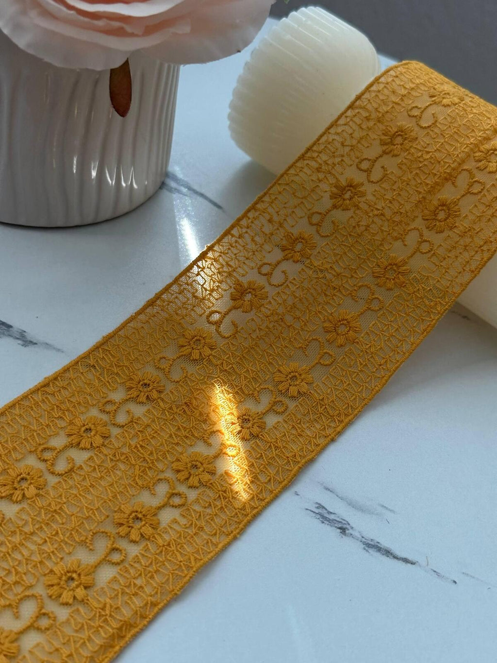 1Yd Non-Stretch 2.9" Mustard Yellow Floral Embroidered Cotton Lace Trim