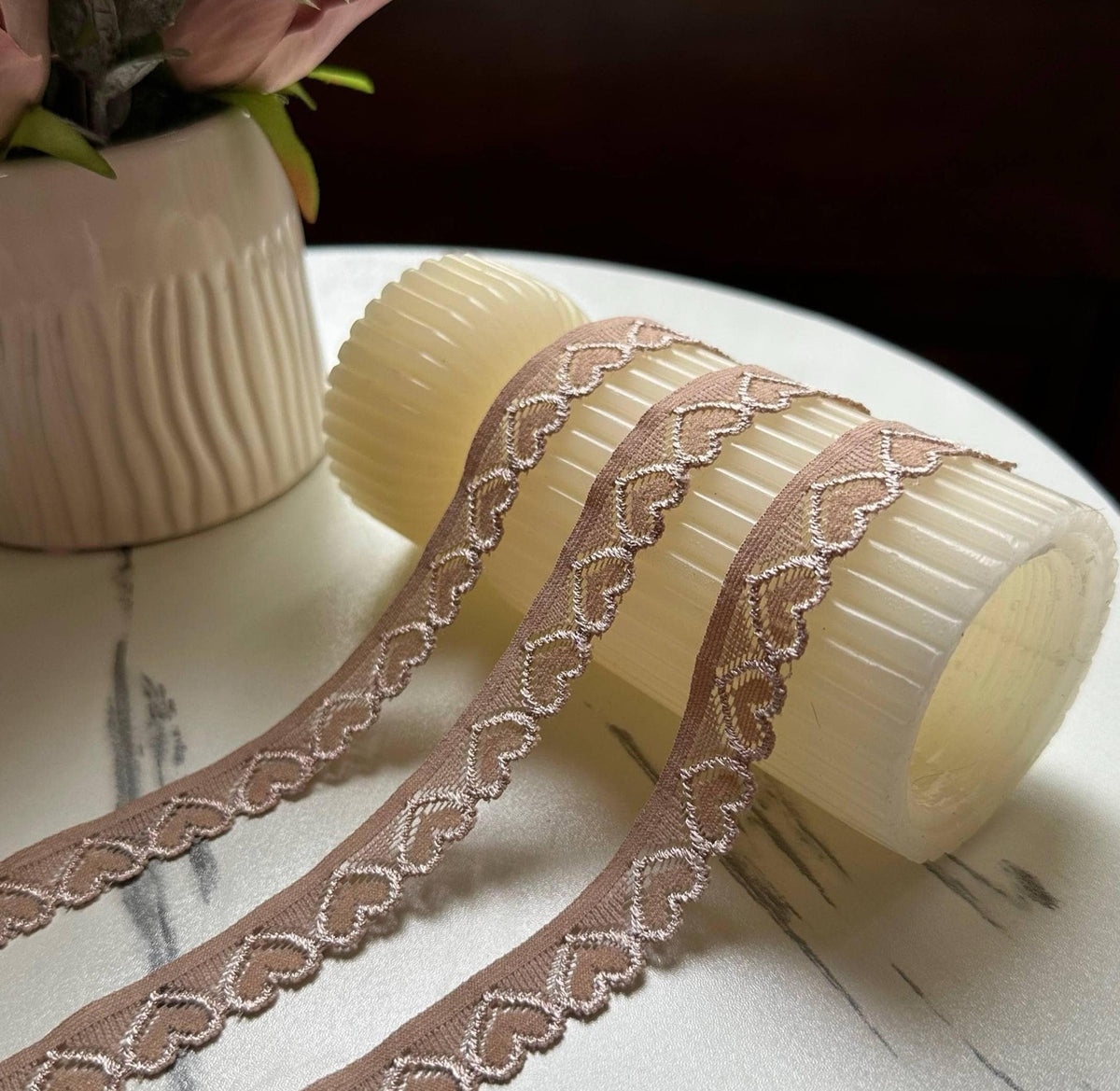 10yds Dusty Rose Mauve Heart Stretch Elastic Lace Trim Single Scalloped Narrow Ribbon for Lingerie Underwear  Crafts, 0.7"  Wholesale
