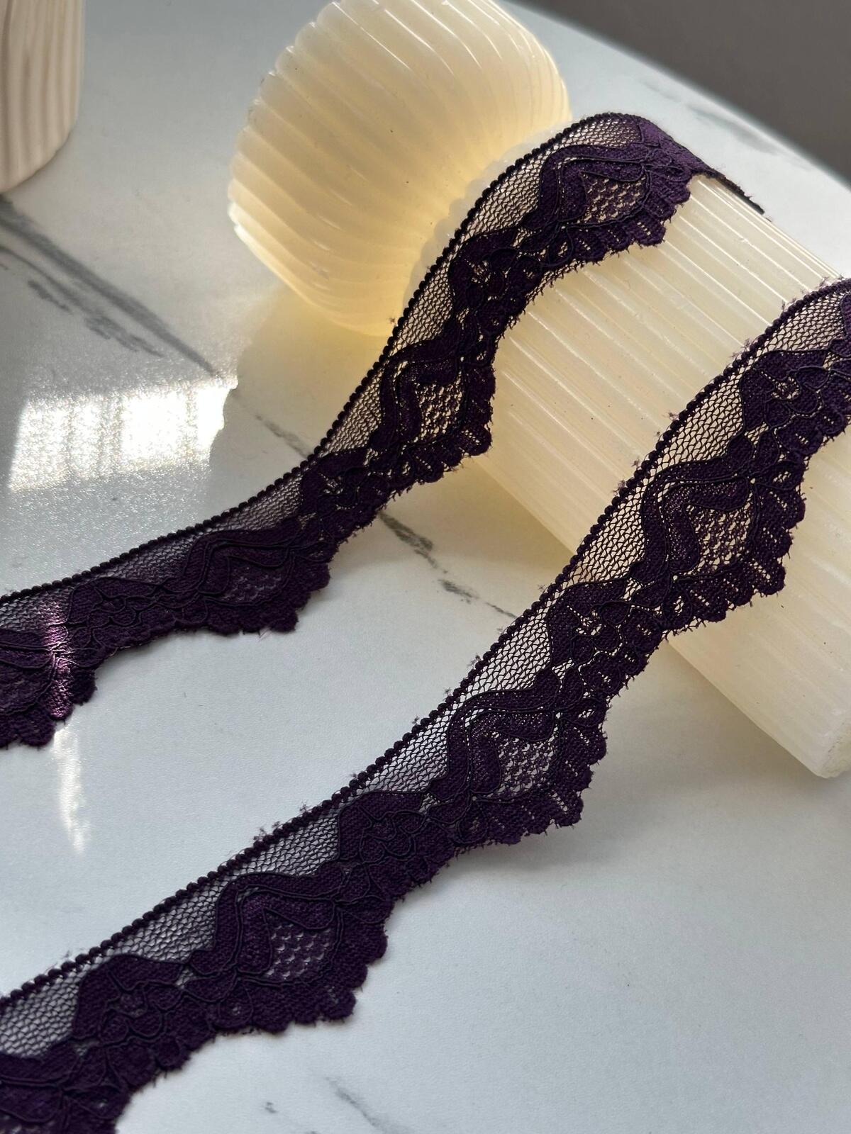 10Yds Stretch 1" Dark Plum Purple Scalloped Floral Stretch Lace Trim Bulk
