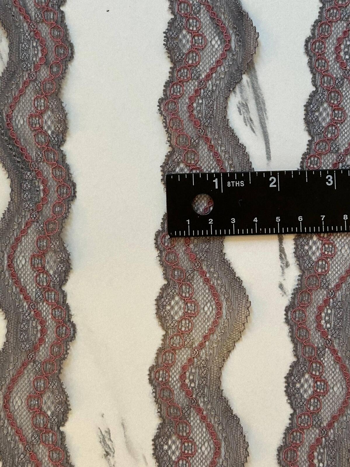 10yds Two Tone Charcoal & Rusty Red Stretch Scalloped Wavy Lace Trim for Lingerie Crafts Sewing, 1.5" Retail Wholesale