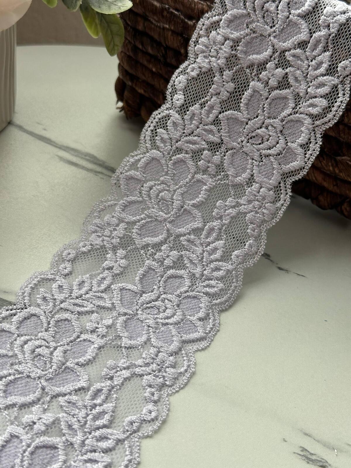 10Yds Stretch 3.2" Light Purple Embossed Floral Scalloped Stretch Lace Trim