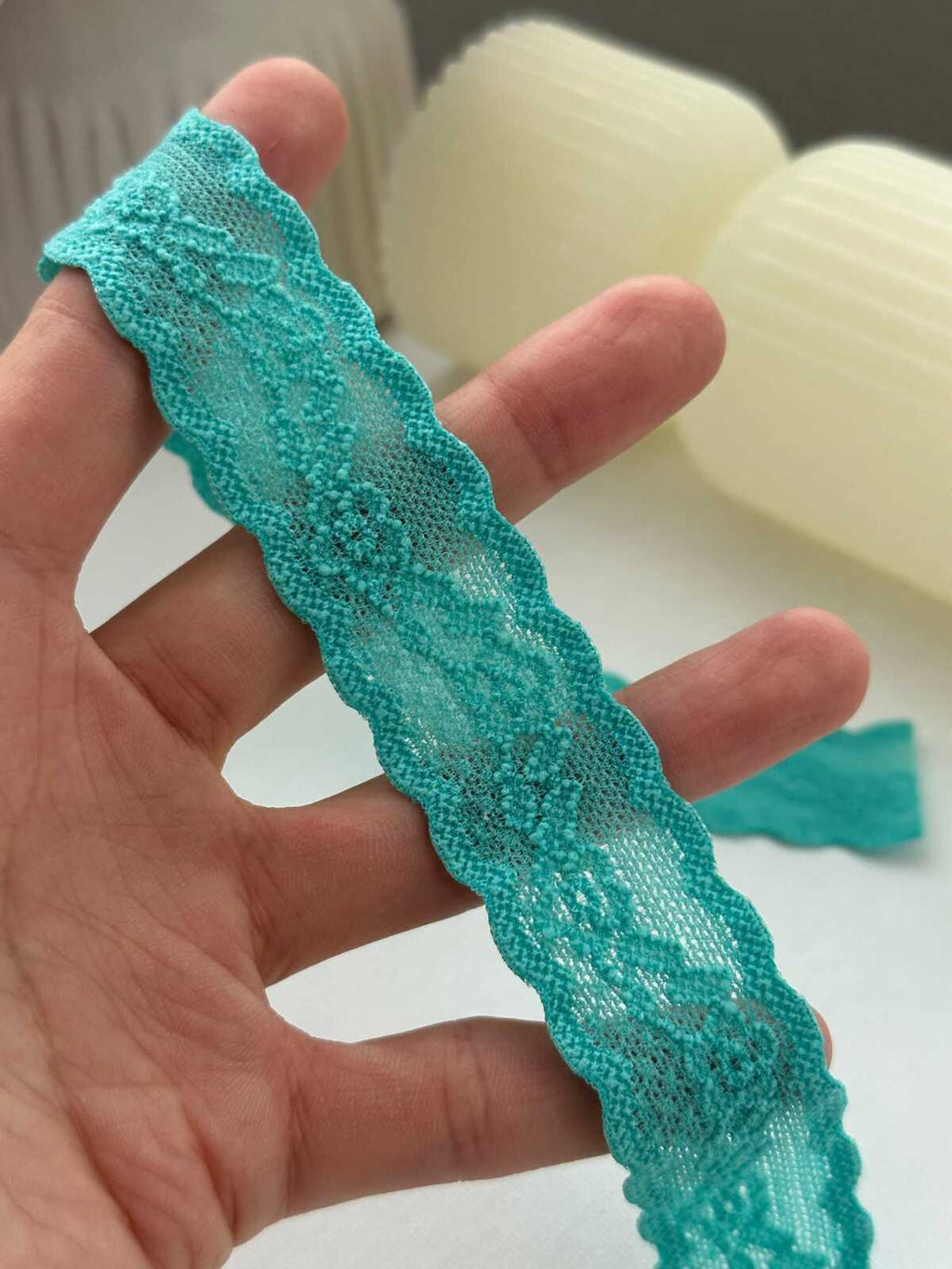10Yds Stretch 0.9" Aqua Teal Raised Textured Floral Stretch Lace Wholesale