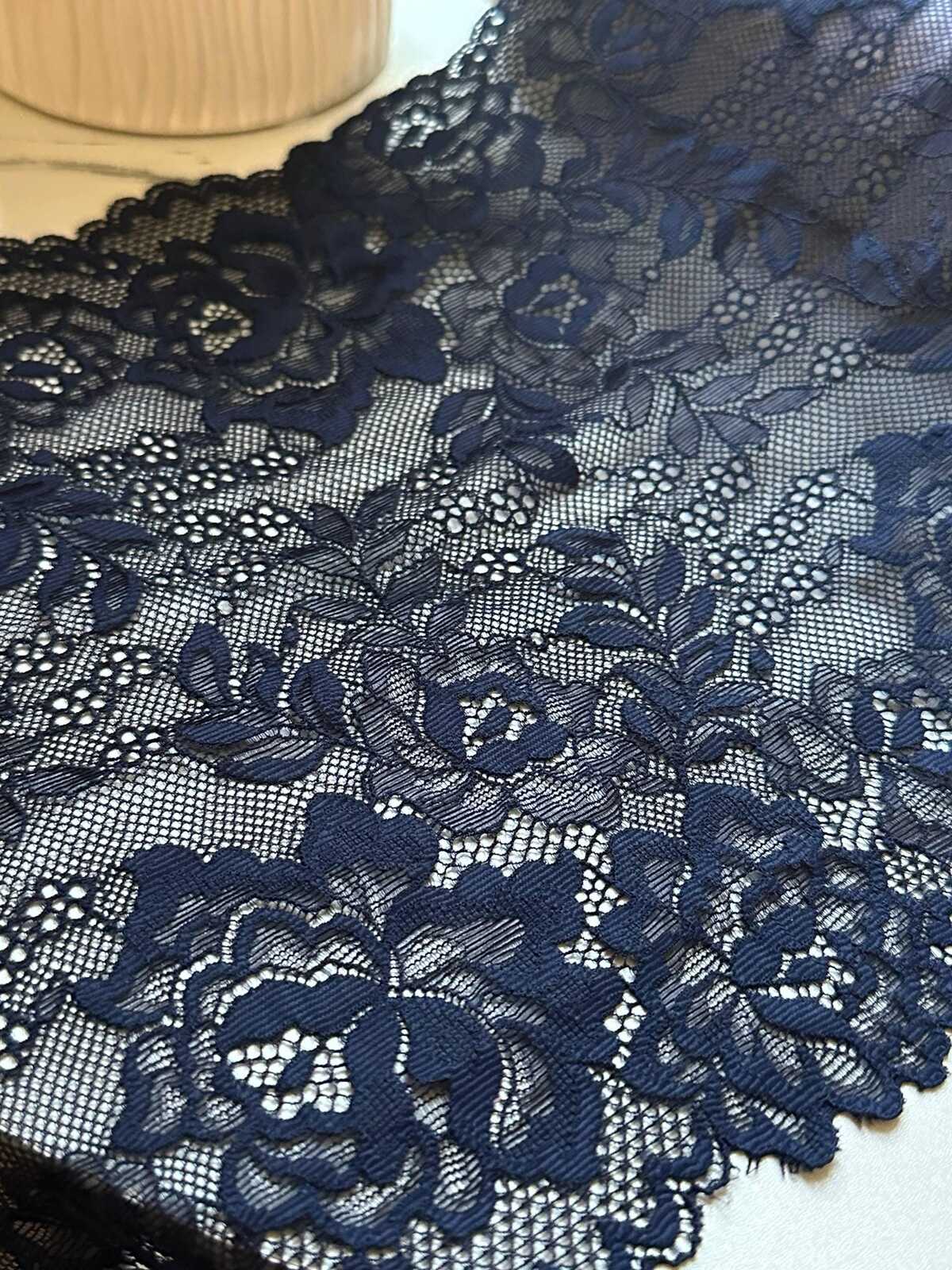 Navy Blue Floral Stretch Lace Trim by the Yard, Extra Wide Scalloped Elastic Ribbon for Lingerie Apparel, 9"
