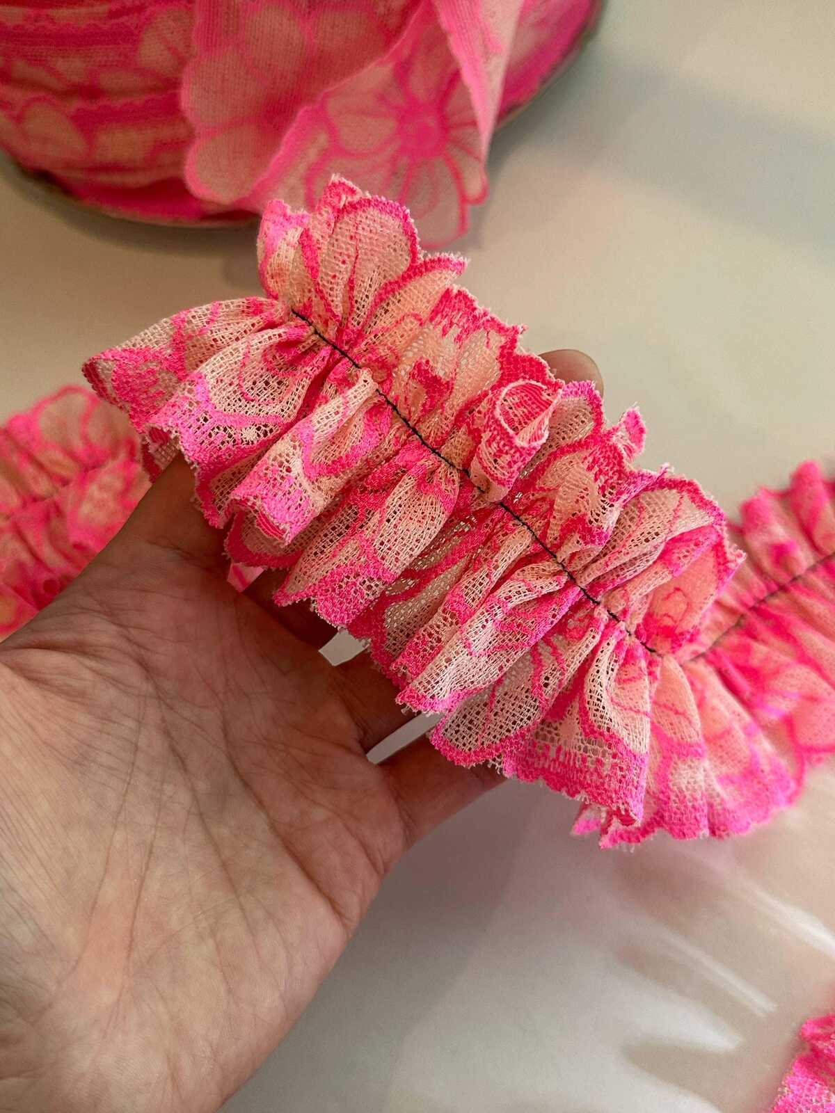 10 yds Neon Pink Floral Lace Trim 2.25 Inch Wide Slightly Stretch Elastic Ribbon by the Yard for Lingerie Doll Making Sewing Crafting
