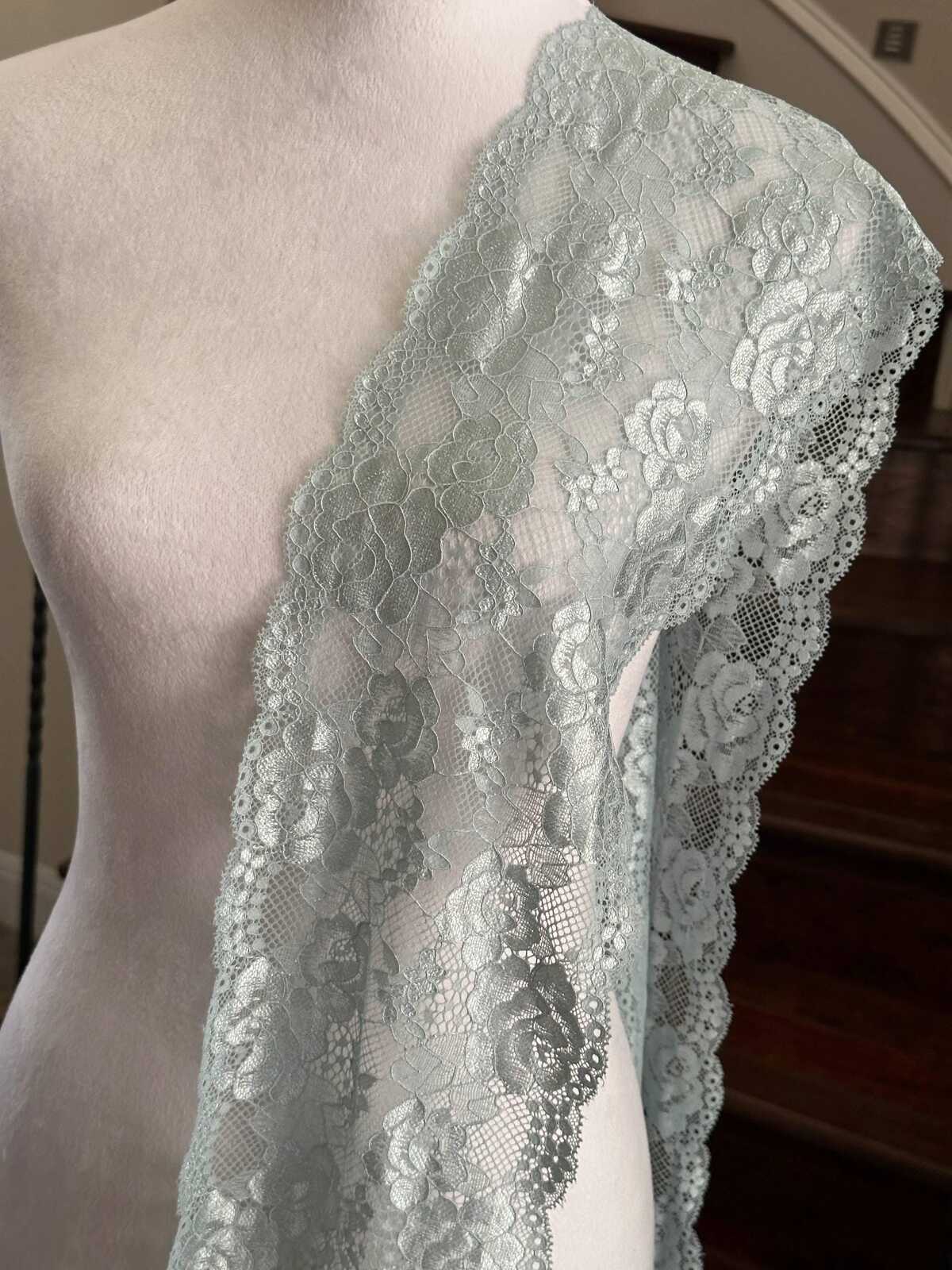 Muted Sage Dust Floral Stretch Lace Trim by the Yard, Wide Elastic Galloon Lace Trim for Lingerie Bridal Crafts, 6.5"