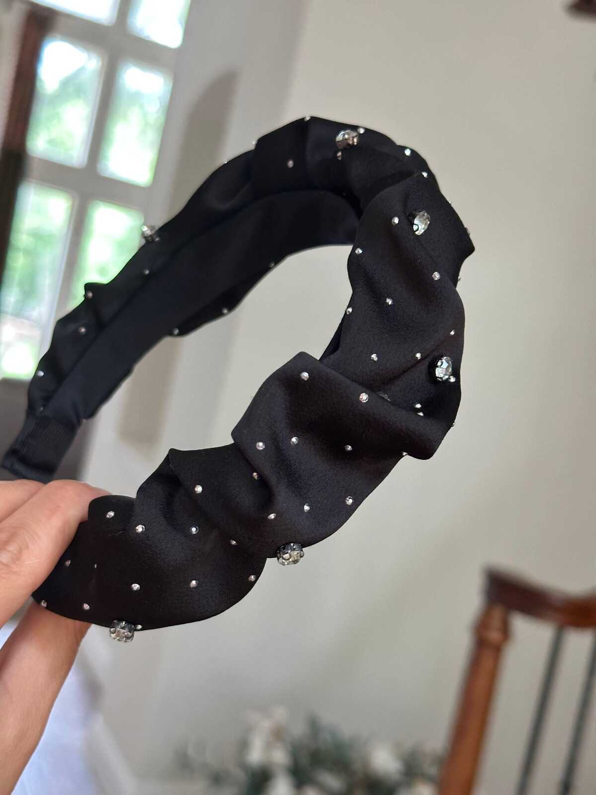 2Pcs Bundle   Handmade Black Rhinestone Mesh Hair Claw Clip and Headband Set, Sparkly Gothic Glam Tulle Hair Accessories  Prom Party Gift