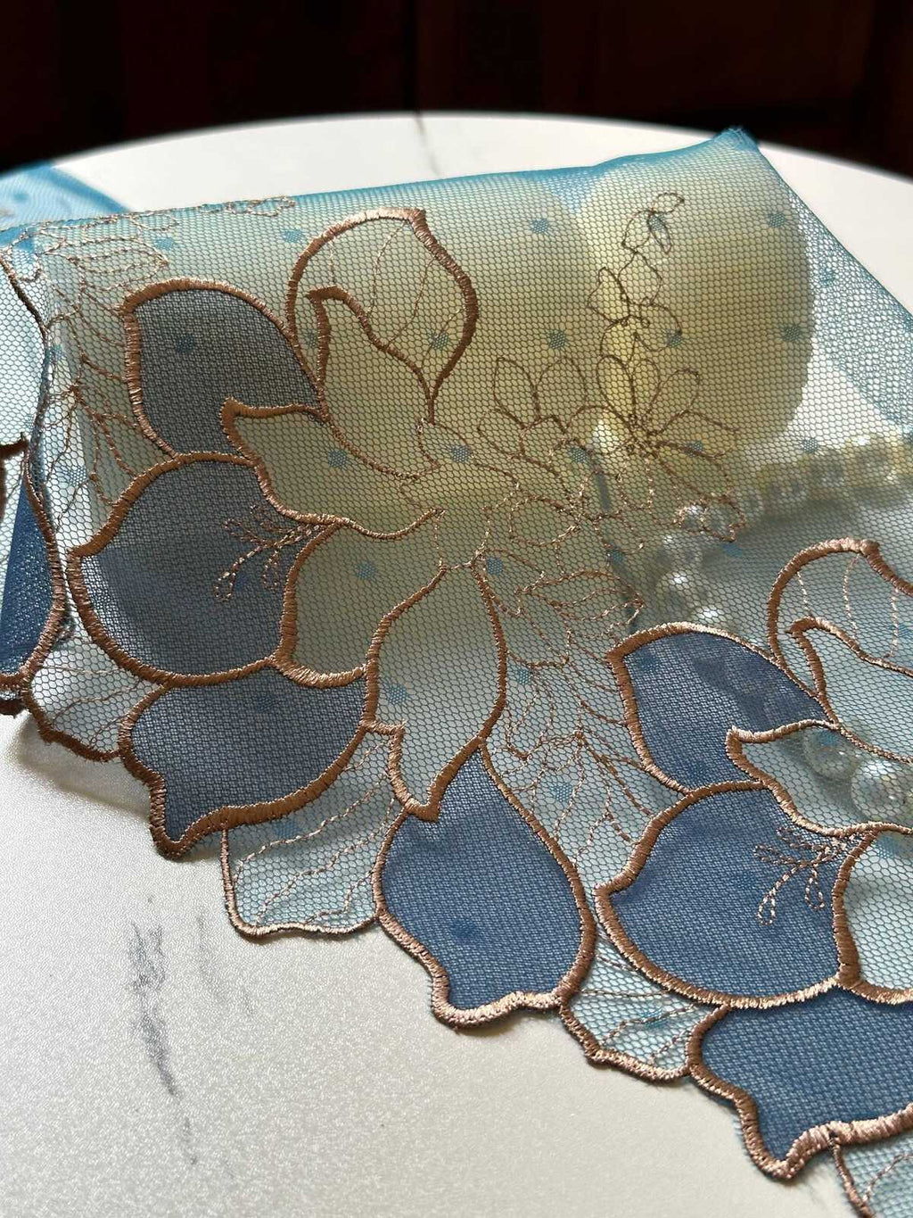 7.65" Peacock Blue Gold Lace Trim Wide Embroidered Floral Swiss Dot Mesh Single Scalloped Edge Lace for Lingerie Garment Sewing Crafts
