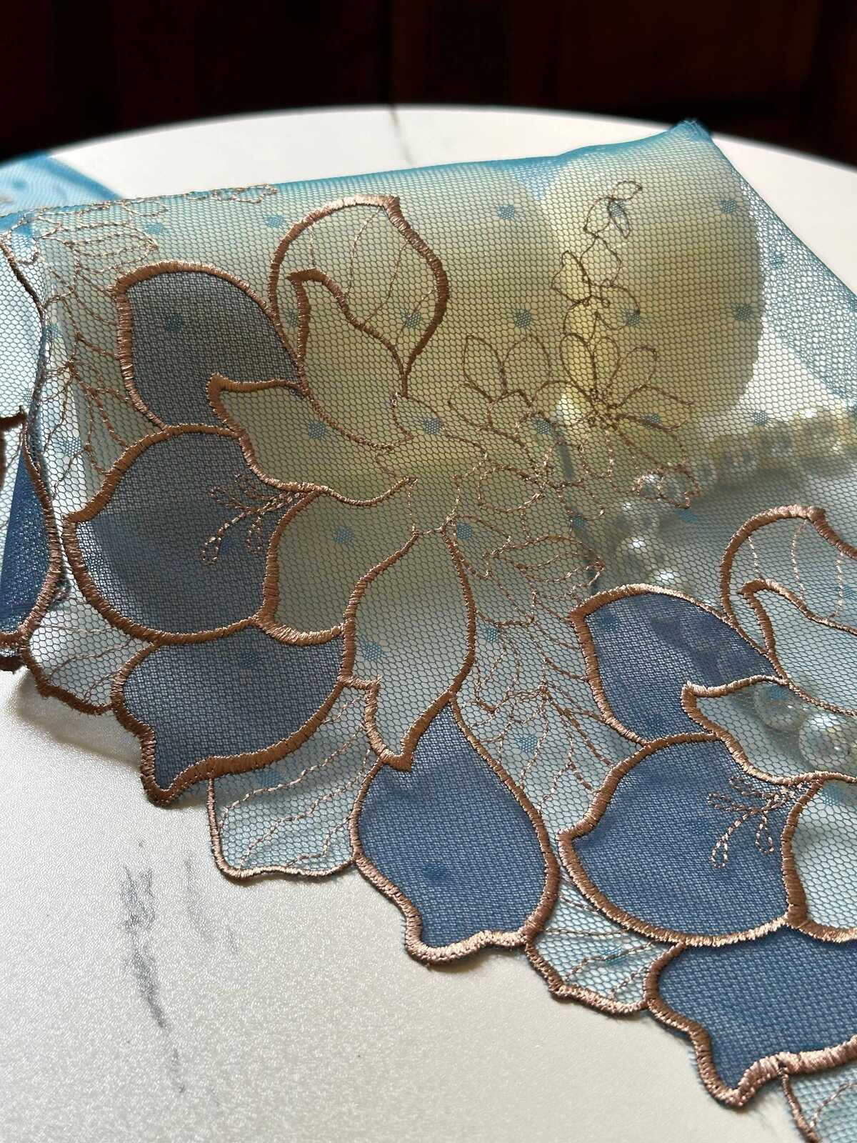 7.65" Peacock Blue Gold Lace Trim Wide Embroidered Floral Swiss Dot Mesh Single Scalloped Edge Lace for Lingerie Garment Sewing Crafts