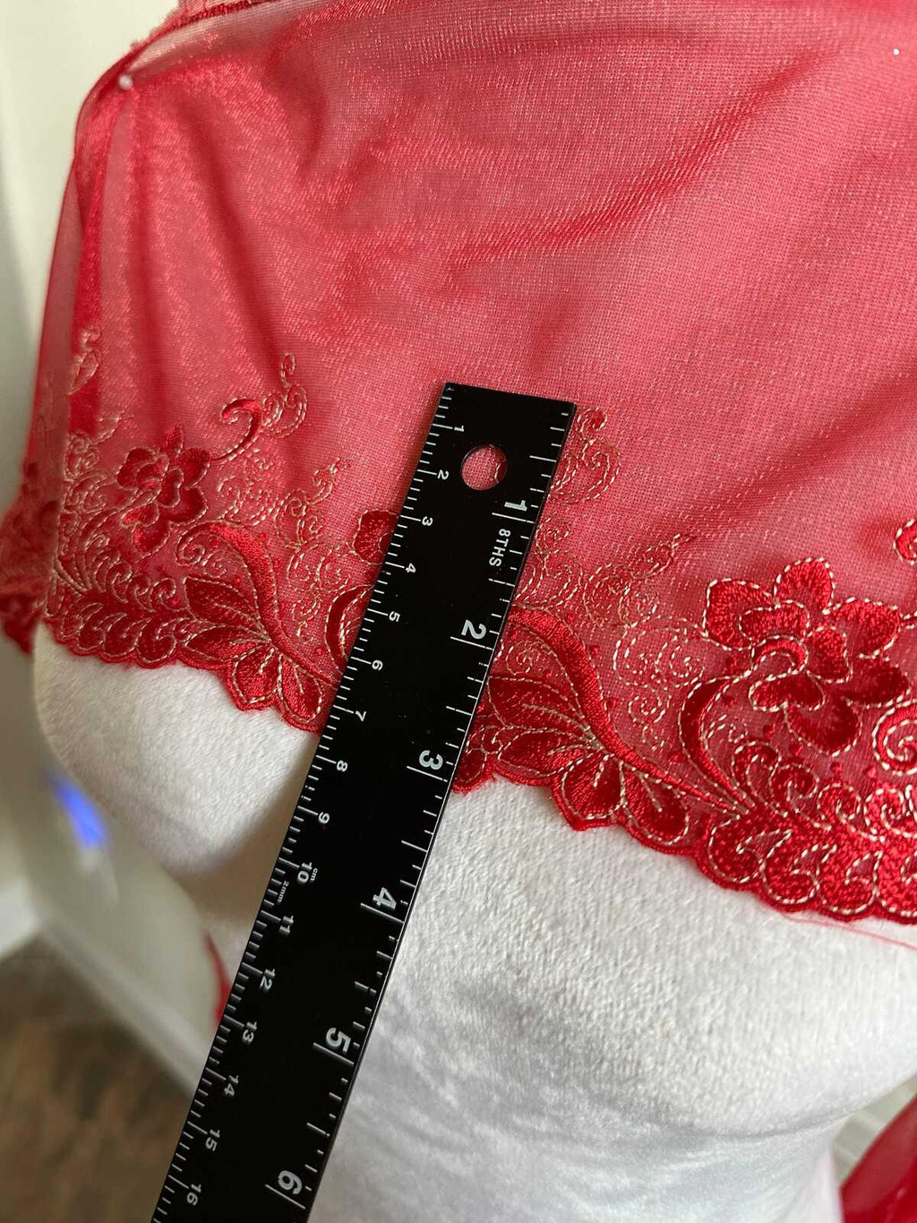 6" Red Embroidered Mesh Lace Trim Soft Tulle Scalloped Edge Floral Vine Ribbon for Lingerie Bridal Gowns Crafts Sewing