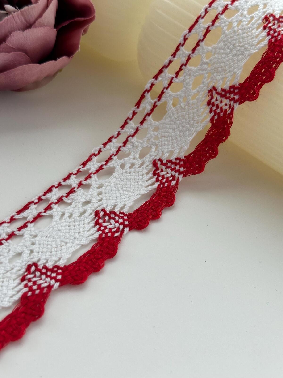 3Yds Non-Stretch 1.5" Red White Cotton Crochet Scalloped Lace Trim Wholesale