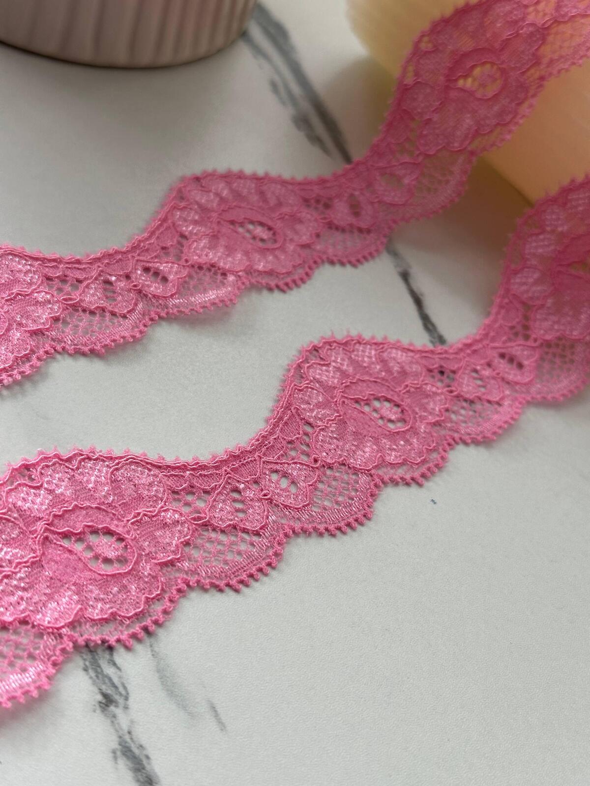 10Yds Stretch 1.4" Pink Wavy Scalloped Floral Stretch Lace Trim Wholesale