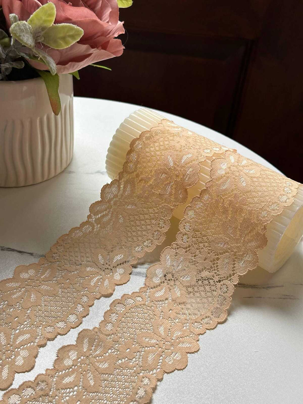 10yds Muted Apricot Peach Floral Slight Stretch Lace Trim Symmetrical Double Scalloped Thin Galloon Ribbon for Lingerie Underwear Crafts, 2"