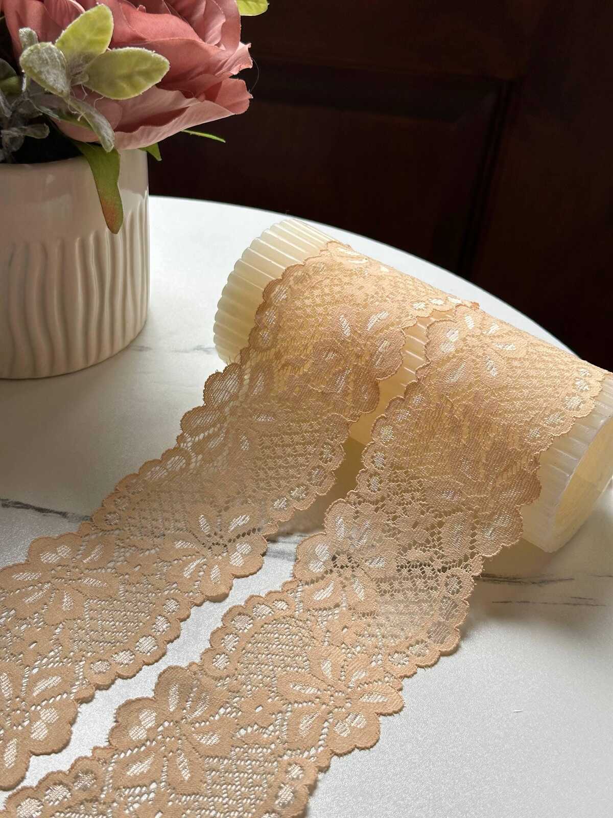 10yds Muted Apricot Peach Floral Slight Stretch Lace Trim Symmetrical Double Scalloped Thin Galloon Ribbon for Lingerie Underwear Crafts, 2"