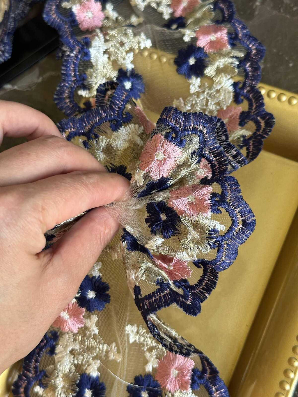 4.5" Navy & Pink Floral Embroidered Organza Lace Trim by the Yard, Heavy Craft Scalloped Double Edged Lace for Lolita Dress, Victorian Craft