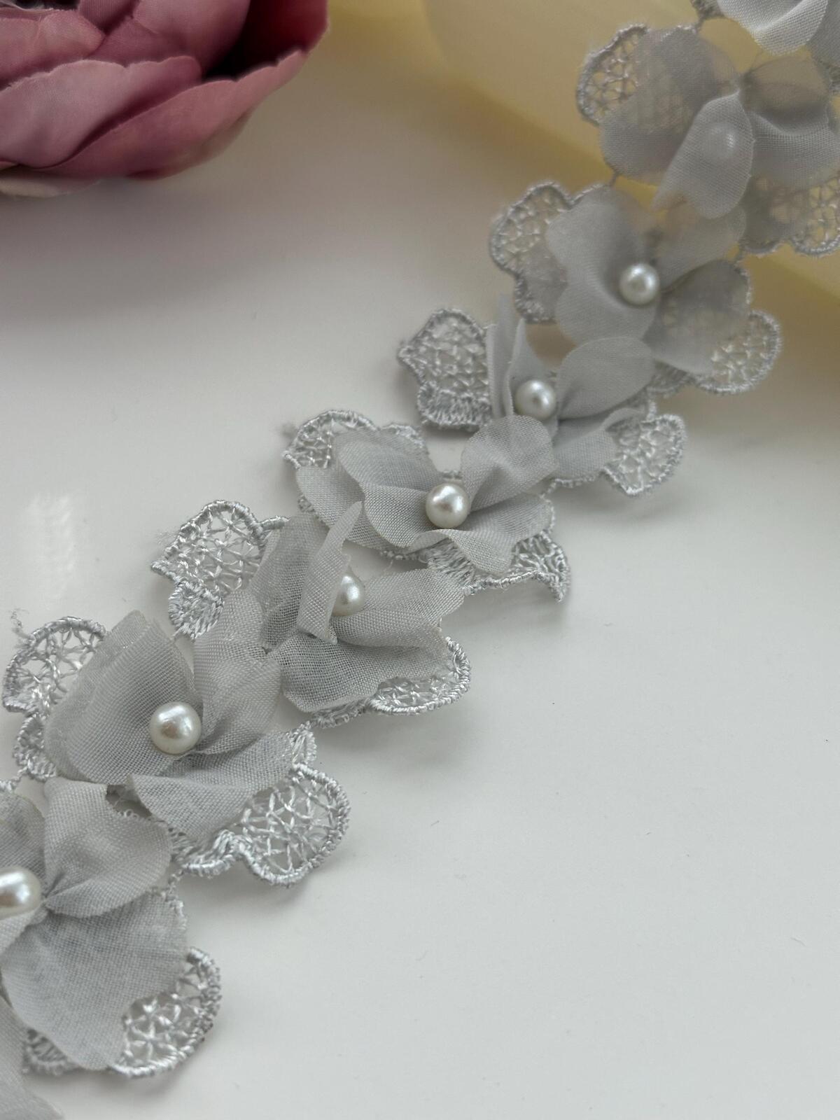 2Yds Non-Stretch 1.8" Grey 3D Chiffon Flower Beaded Pearl Lace Trim Wholesale