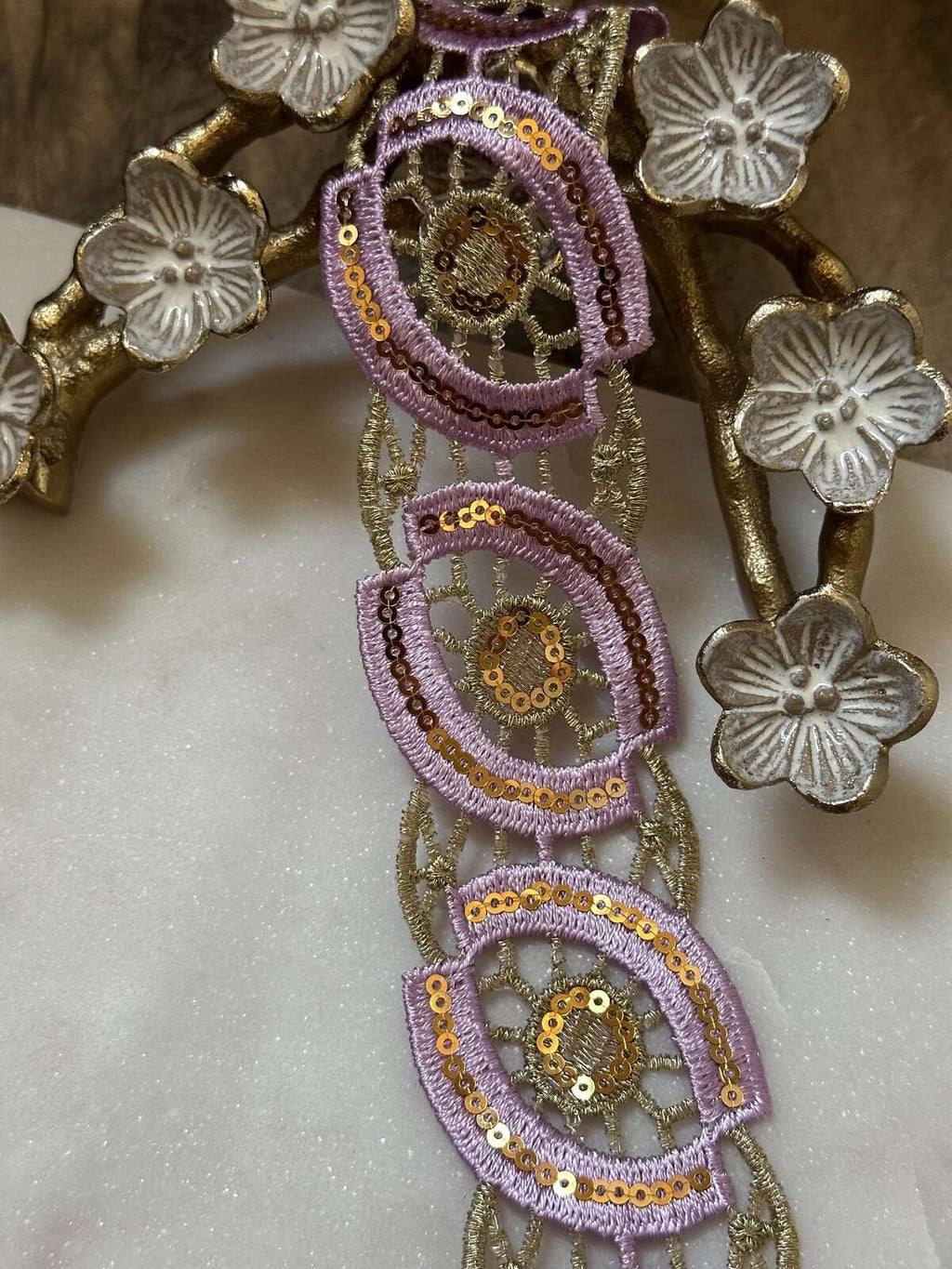Lavender Gold Sequin Guipure Water Soluble Lace Trim Metallic Ribbon, Coquette Craft Supply, 1.5", Retail Wholesale Bulk