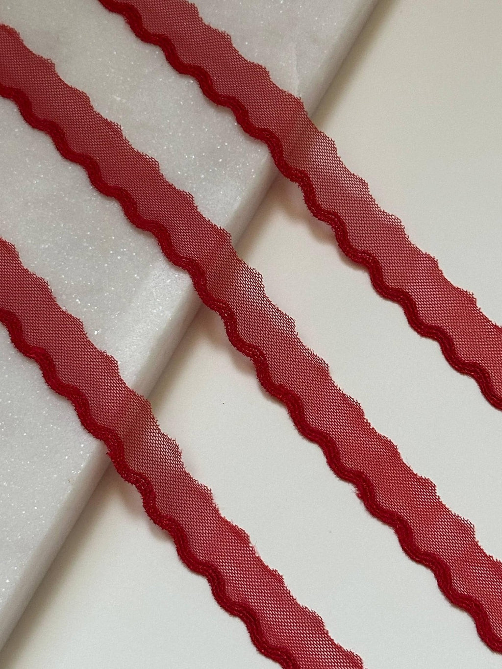 10yds Red Scalloped Mesh Lace Trim by Yard, Crescent Non Stretch Ribbon, Coquette Craft Supply, 0.6", Retail Wholesale Bulk