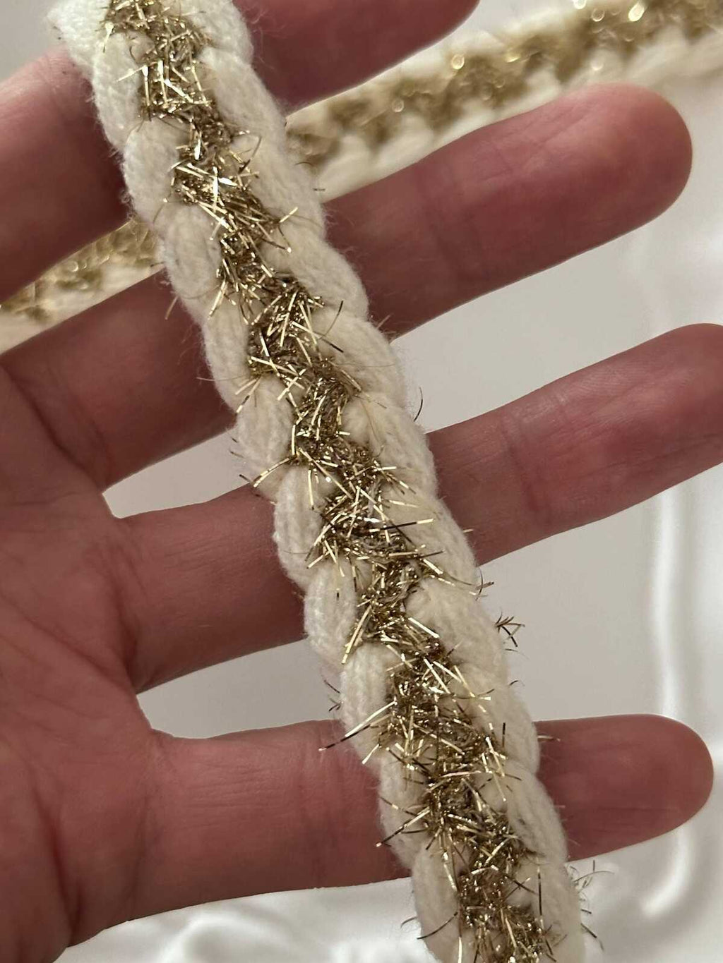 10yds Cream Gold Braided Trim, 0.5" Metallic Ribbon, Bulk Clearance Coquette Y2K Lace, Tweed Trim, DIY Sewing, Retail Wholesale
