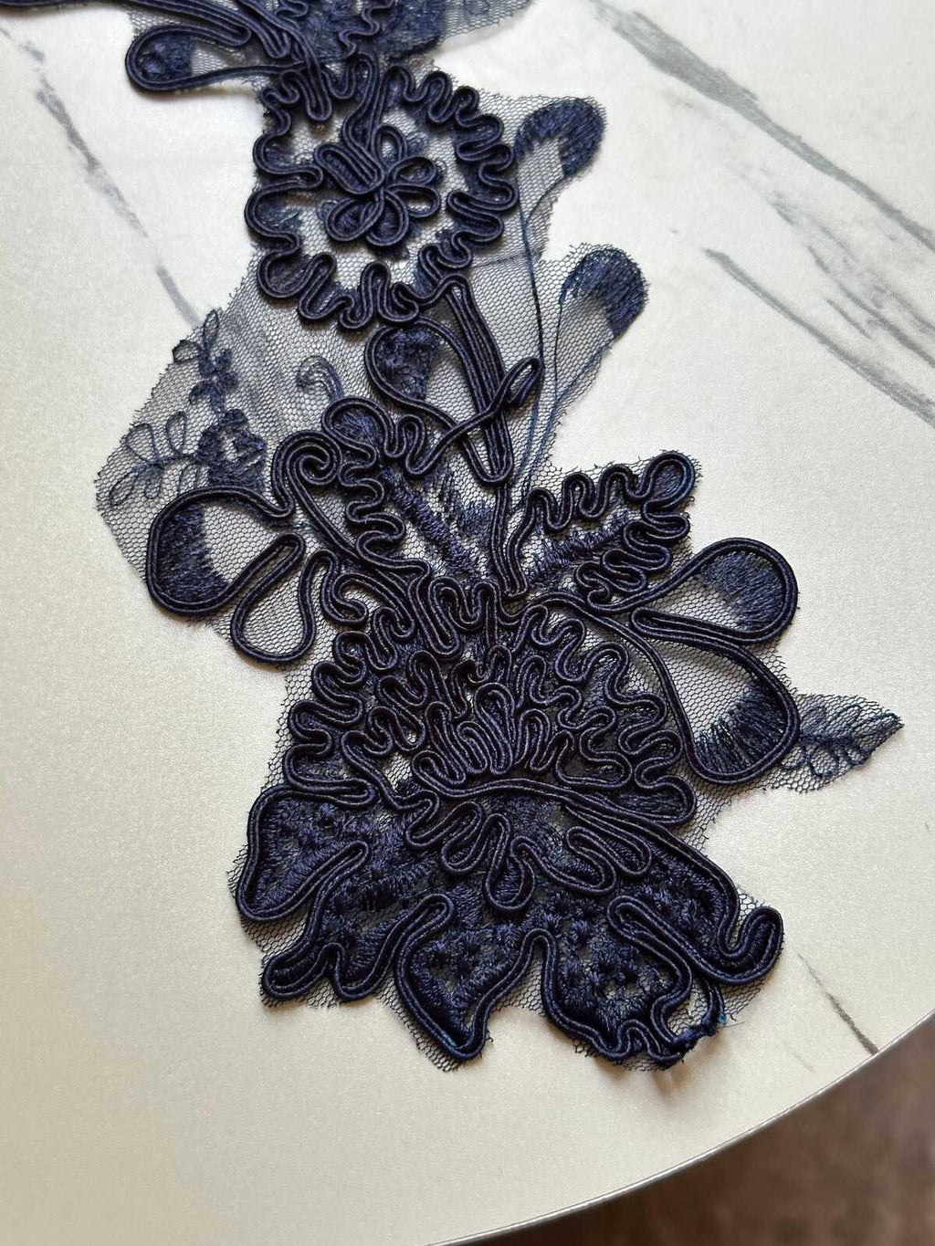 Midnight Navy Corded Floral Lace Applique Motif, 3D Heavy Embroidered Mesh Patch for Bridal Gown Dress Sewing, 12"