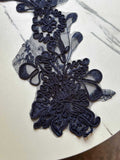 Midnight Navy Corded Floral Lace Applique Motif, 3D Heavy Embroidered Mesh Patch for Bridal Gown Dress Sewing, 12"