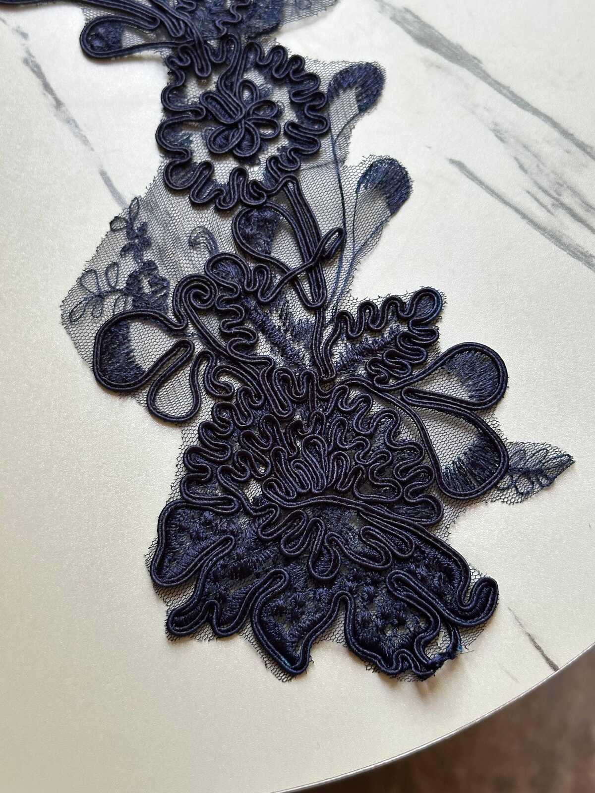 Midnight Navy Corded Floral Lace Applique Motif, 3D Heavy Embroidered Mesh Patch for Bridal Gown Dress Sewing, 12"