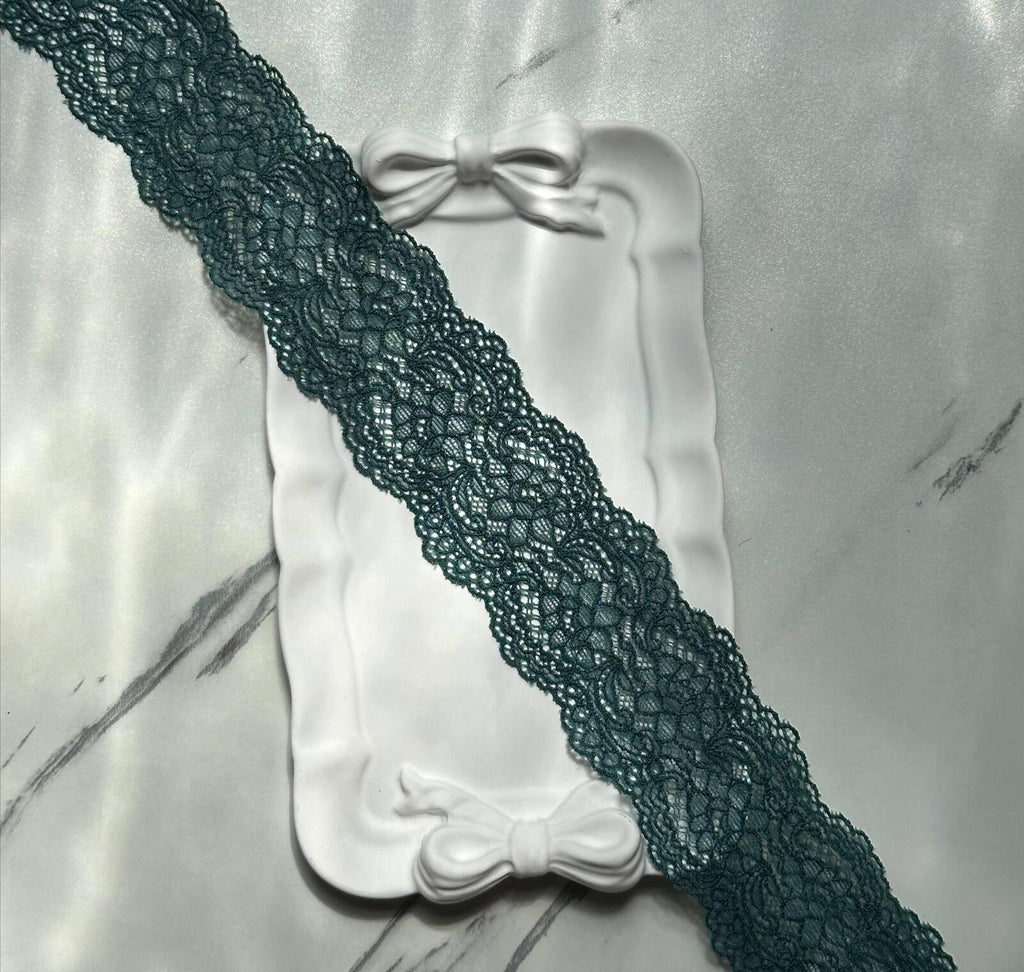 10yds Deep Forest Teal Green Floral Stretch Elastic Lace Trim Symmetrical Double Scalloped  Ribbon for Lingerie Crafts Sewing 1.85"